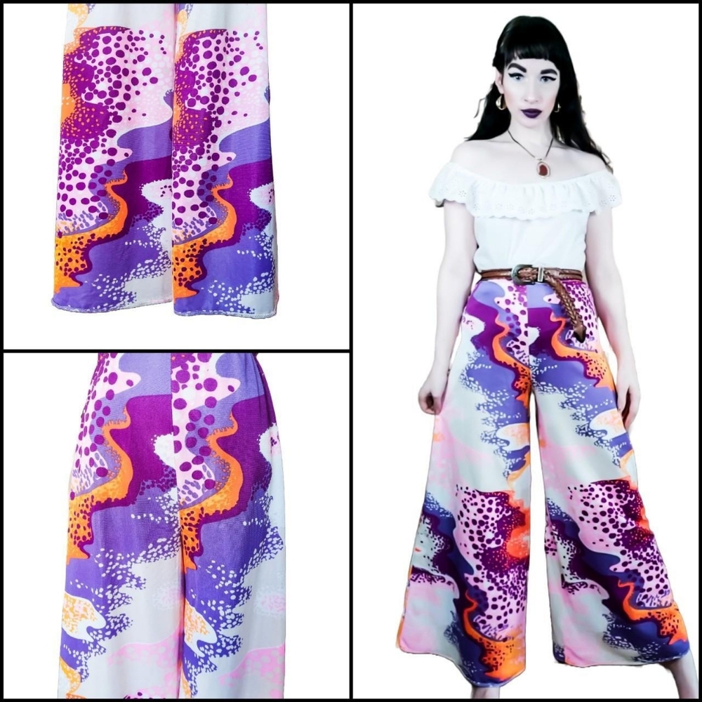 Vintage 1970s Wide Leg Psychedelic Mod Lounge Pants Abstract Ripple Bell Bottoms